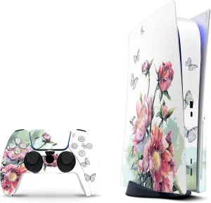 ZOOMHITSKINS Compatible with PS5 Skin, White Pink Green Flowers Art Vintage Painting, Durable, Bubble-Free, W/Disk Version, Precisely Cut